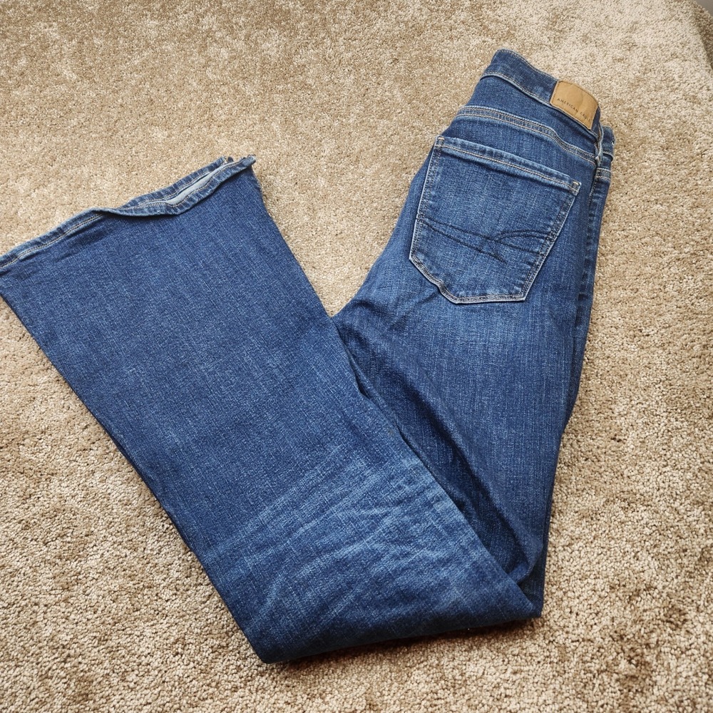 American Eagle Super Hi-Rise Flare Jeans Dark Wash Blue Side Slit Denim 00 Reg